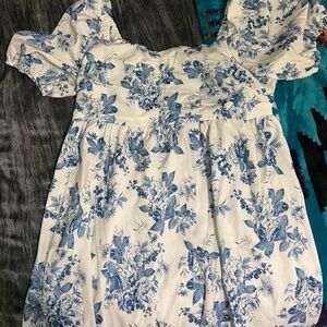 SHEIN White and Blue Floral Midi Dress